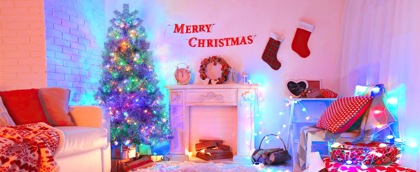 6FT Sliver Pre-Lit Artificial Christmas Tree: Hinged Full PVC Tree with 800 Branch Tips & 300 LED Lights, 11 Modes. Ideal Indoor/Outdoor Holiday Decoration.