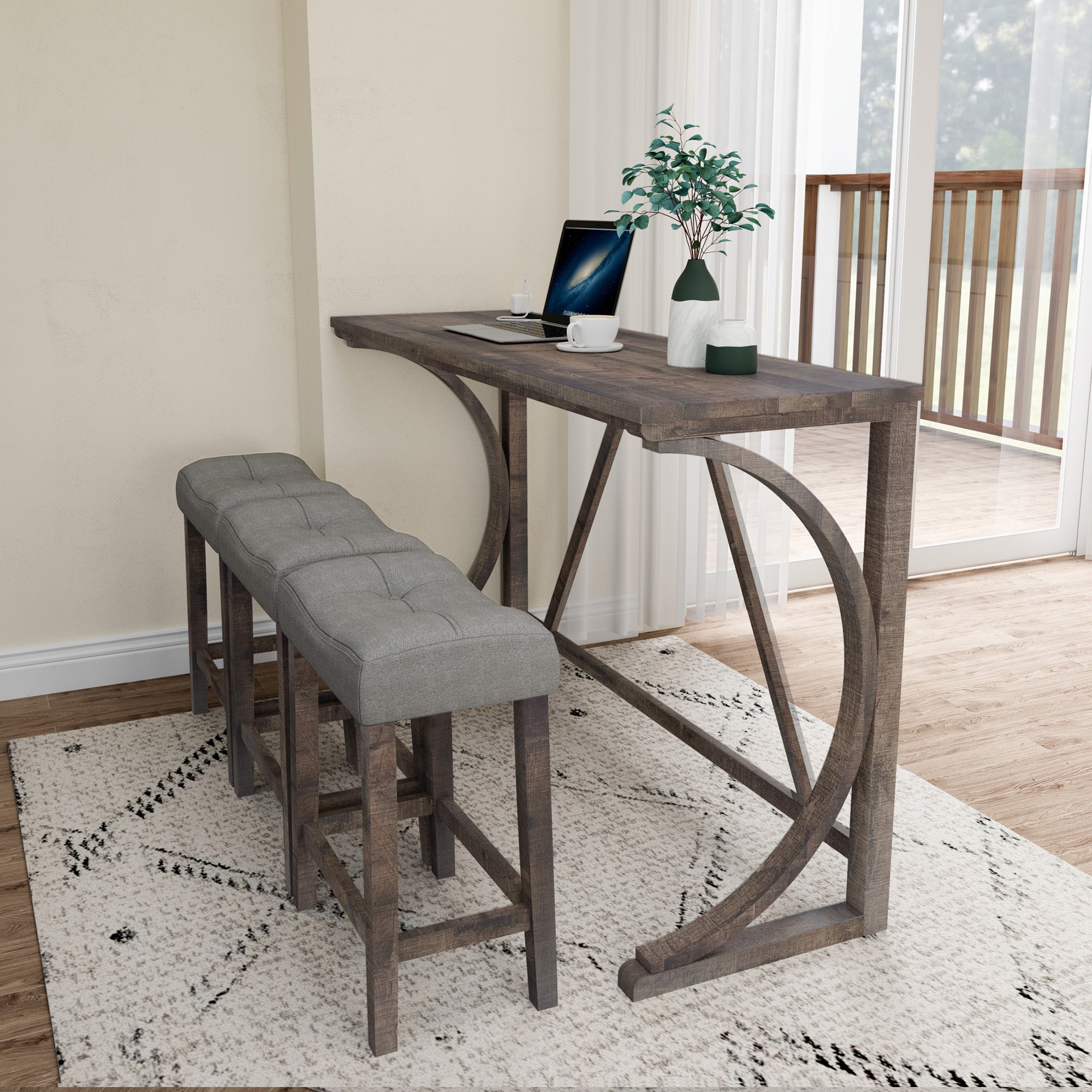 Industrial 4-Piece Bar Table Set with Power Outlet - Rustic Wood Grain Dining Table &amp; Comfy Linen Stools (59"x19"x36") - Space-Saving Breakfast Nook for Living Room, Game Room