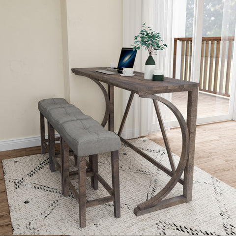 Industrial 4-Piece Bar Table Set with Power Outlet - Rustic Wood Grain Dining Table &amp; Comfy Linen Stools (59"x19"x36") - Space-Saving Breakfast Nook for Living Room, Game Room