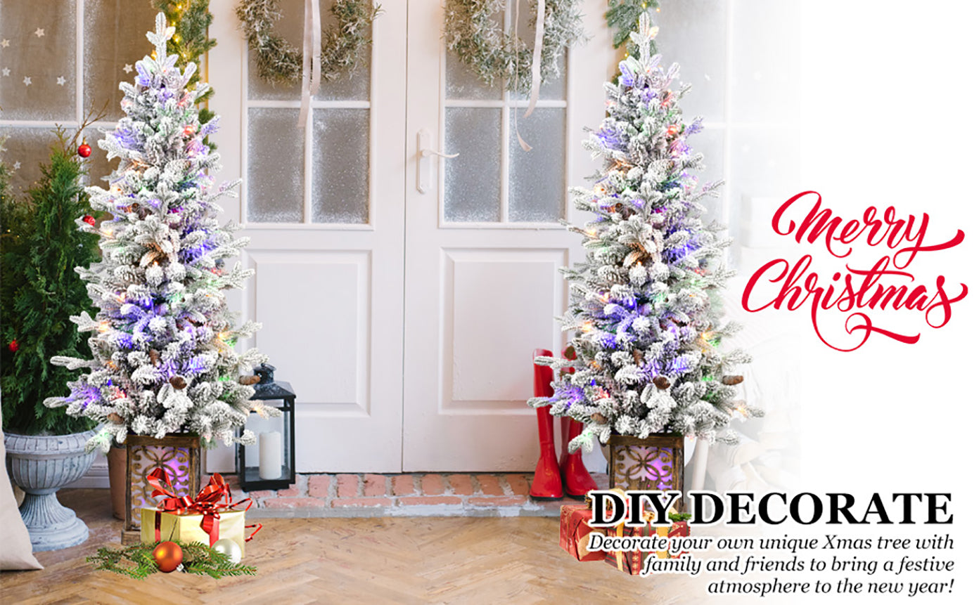 4FT Flocked Christmas Tree with Multicolour LED Lights, 396 Tips, Glitter Base &amp; Pine Cones - Easy Assembly Home &amp; Party Holiday Decor, White/Green PVC &amp; PE Tree