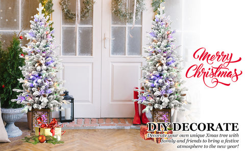 4FT Flocked Christmas Tree with Multicolour LED Lights, 396 Tips, Glitter Base &amp; Pine Cones - Easy Assembly Home &amp; Party Holiday Decor, White/Green PVC &amp; PE Tree