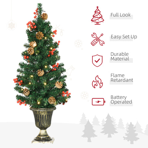 HOMCOM 4-Piece Prelit Christmas Decor Set: 3ft Green Trees, Garland &amp; Wreath with Warm White LEDs, Red Berries, Pine Cones for Indoor/Outdoor Entryway