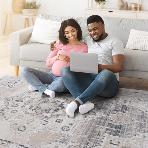 PAYAS Collection 6x9 Cream Medallion Area Rug - Stain Resistant, Non-Shedding Polyester for Living Room, Bedroom, Office. Durable, Easy Care, 0.28" Pile, Latex-Free Cotton Backing.