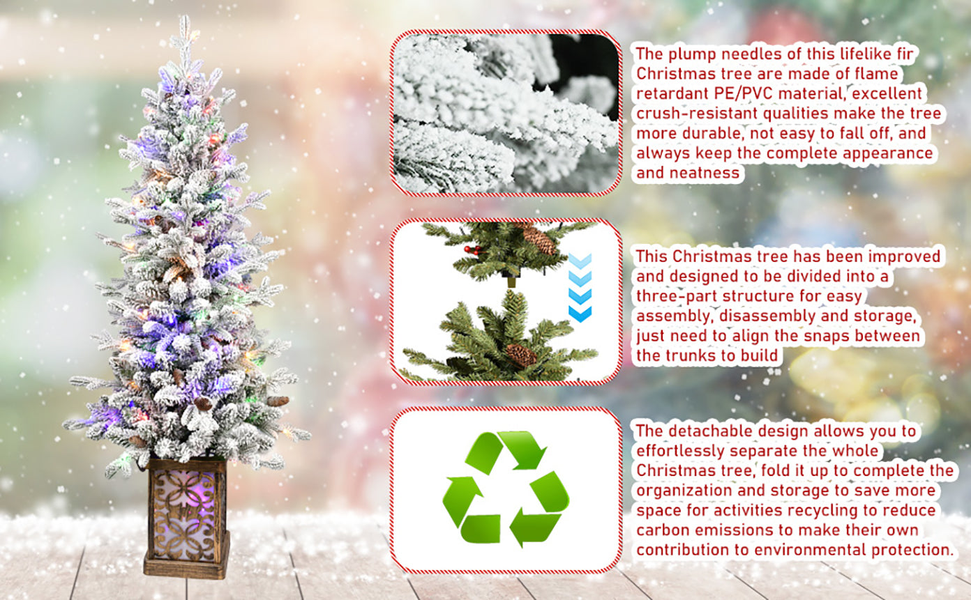 4FT Flocked Christmas Tree with Multicolour LED Lights, 396 Tips, Glitter Base &amp; Pine Cones - Easy Assembly Home &amp; Party Holiday Decor, White/Green PVC &amp; PE Tree