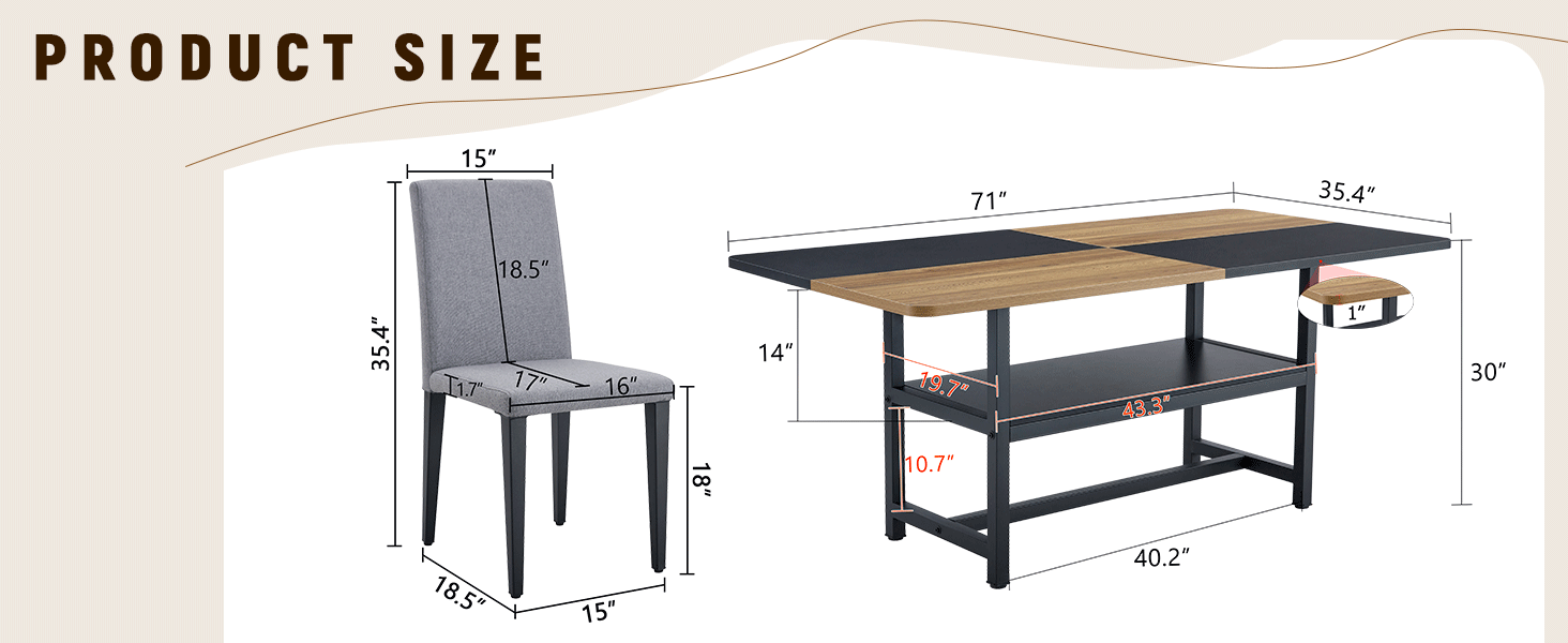 71" Wooden & Black Spliced Dining Table Set with Storage, Seats 6, Paired with Light Gray Linen-Cotton Chairs - Perfect for Kitchen, Dining Room, Home Gatherings