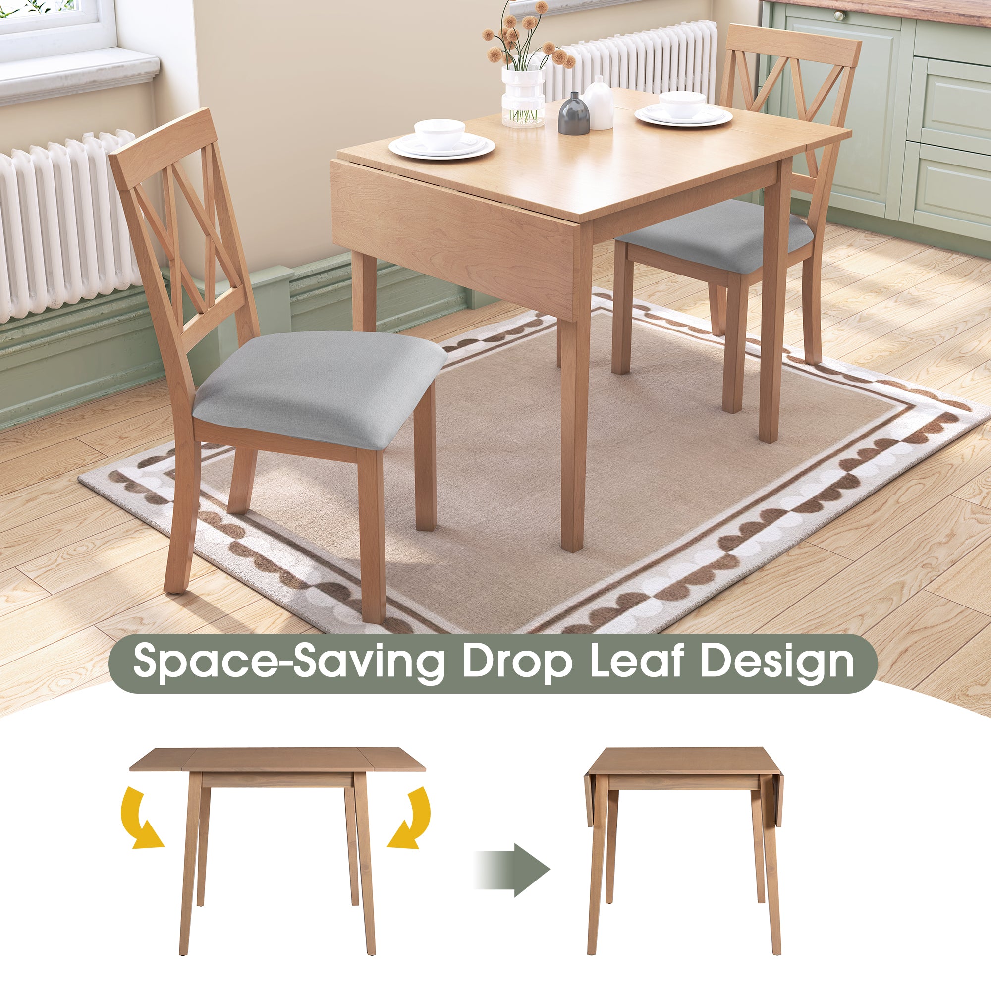 Farmhouse 5-Piece Extendable Dining Set: Natural Drop Leaf Table & 4 Upholstered Chairs for Small Kitchens, Solid Wood & MDF, Space-Saving Design