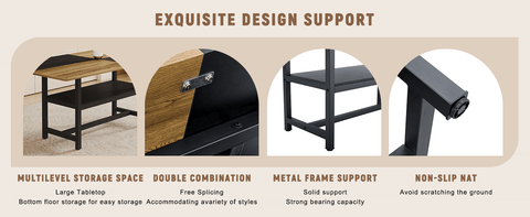 71" Wooden &amp; Black Spliced Dining Table Set with 8 Light Gray Linen Chairs - 30"H Table w/ Storage Shelf, Ergonomic Cushions for Dining Room, Kitchen &amp; Parties