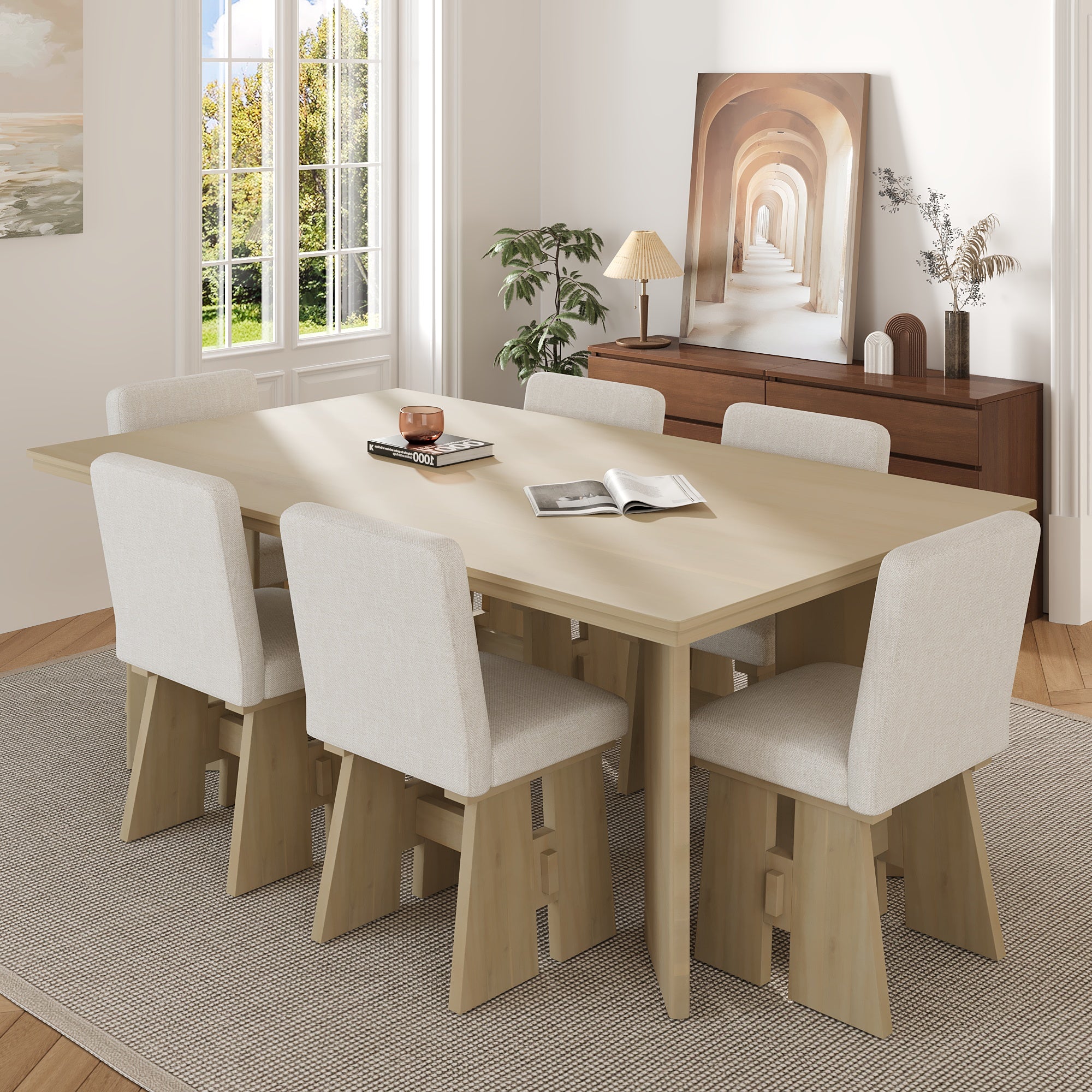 TOPMAX 7-Piece Solid Rubberwood Dining Set: 63.4" Natural Table &amp; 6 Upholstered Beige Chairs for Dining Rooms, Space-Saving Tuck-Away Design, Seats 6, Modern Farmhouse Style