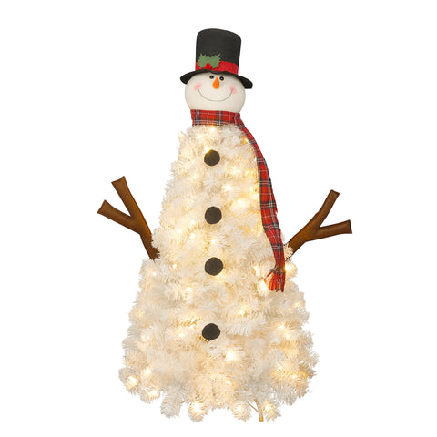 4ft Snowman Christmas Tree - Pre-lit Artificial Xmas Tree with 100 Warm White LED Lights, 380 PVC Branch Tips - Perfect for Indoor/Outdoor Holiday Decor