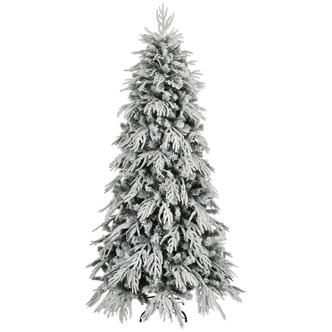8ft Slim Flocked Noble Christmas Tree - Pre-lit Warm White LED, 950 PE/PVC Tips, Realistic Snow Design, Easy Assembly for Home Corners & Narrow Spaces