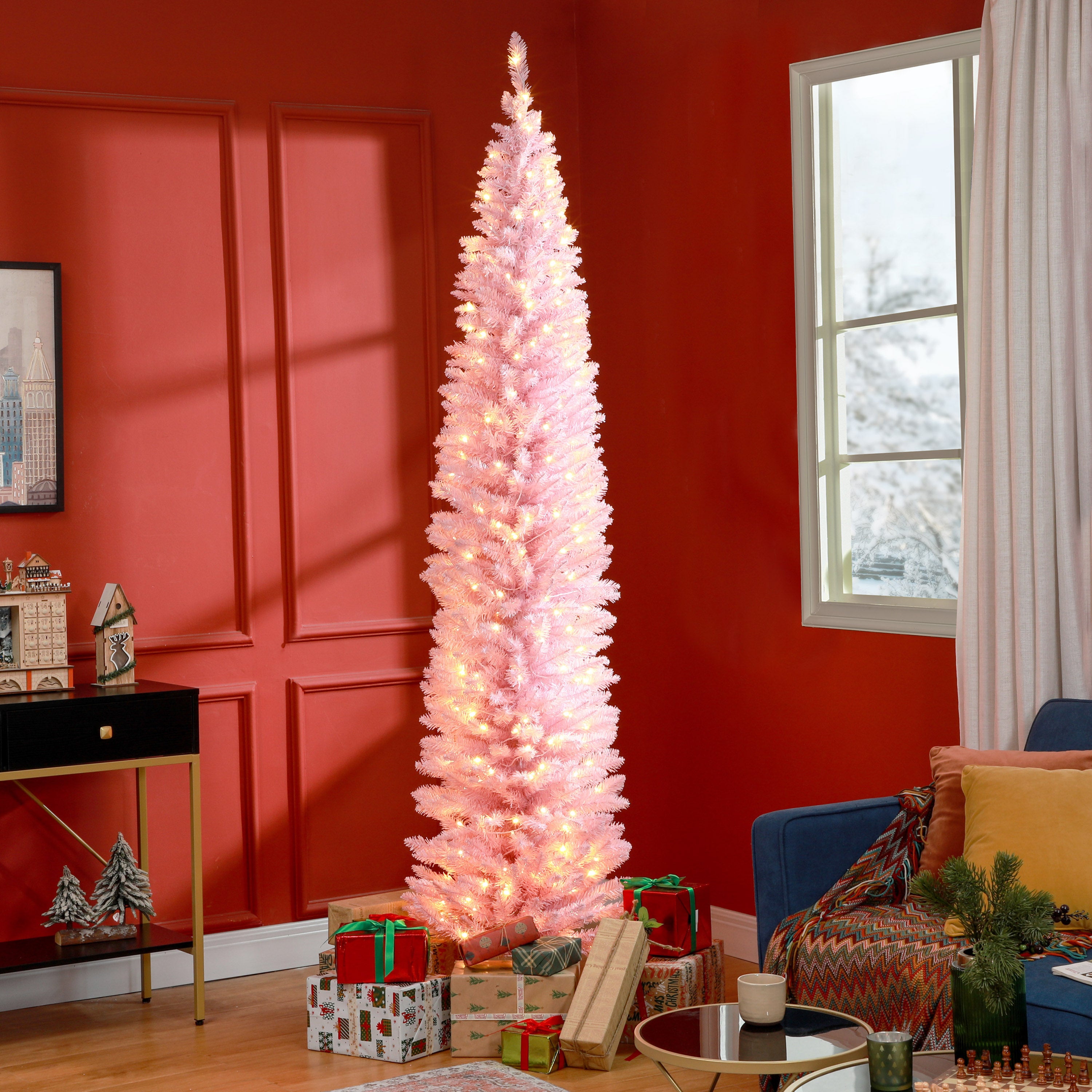 HOMCOM 8' Slim Pink Noble Fir Artificial Christmas Tree: 618 Tips, 300 Warm White LEDs, Flame-Retardant Plastic, Perfect for Home &amp; Fireplace Decor