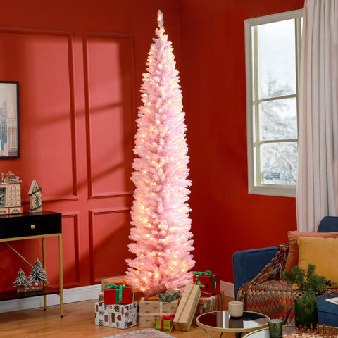HOMCOM 8' Slim Pink Noble Fir Artificial Christmas Tree: 618 Tips, 300 Warm White LEDs, Flame-Retardant Plastic, Perfect for Home &amp; Fireplace Decor