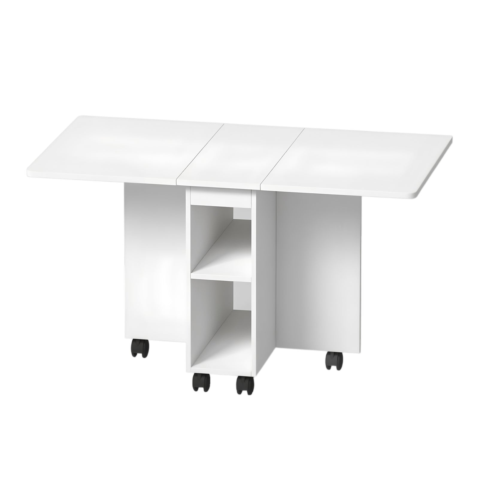 Space-Saving Folding Drop Leaf Dining Table Set for 4 with 4 Chairs, White MDF, 6 Wheels, Versatile for Kitchens & Small Spaces, Easy Clean & Assemble, 47.2"W