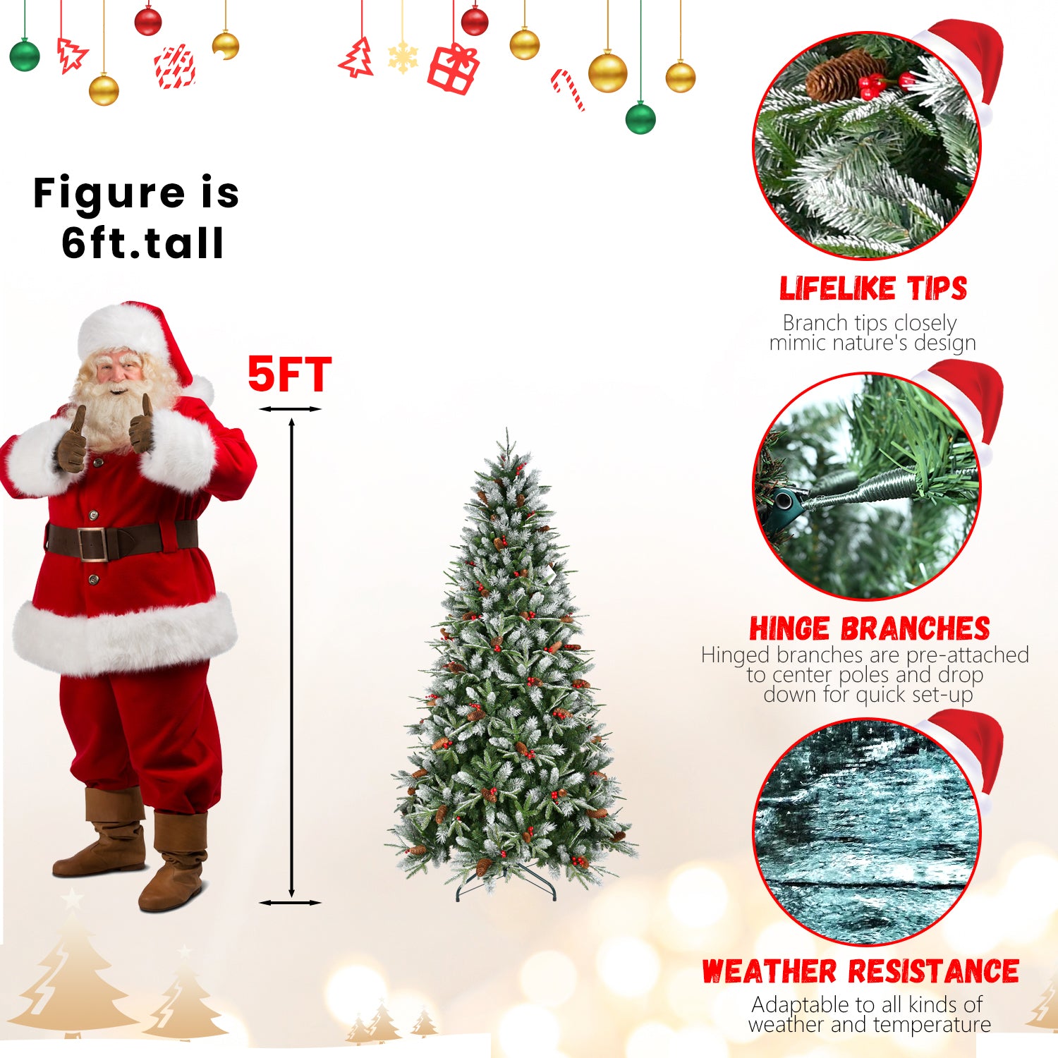 5FT Snow-Dusted Christmas Tree: 1131 Tips, Red Berries &amp; Pine Cones, Hinged PE+PVC Branches, Metal Stand - Full Natural Holiday Decoration for Home &amp; Office