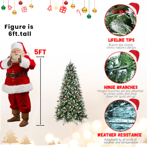 8FT Snow-Dusted Christmas Tree: 2850 Tips, Red Berries &amp; Pine Cones, Hinged PE+PVC Branches, Metal Stand – Full, Natural Holiday Decor for Living Room &amp; Home