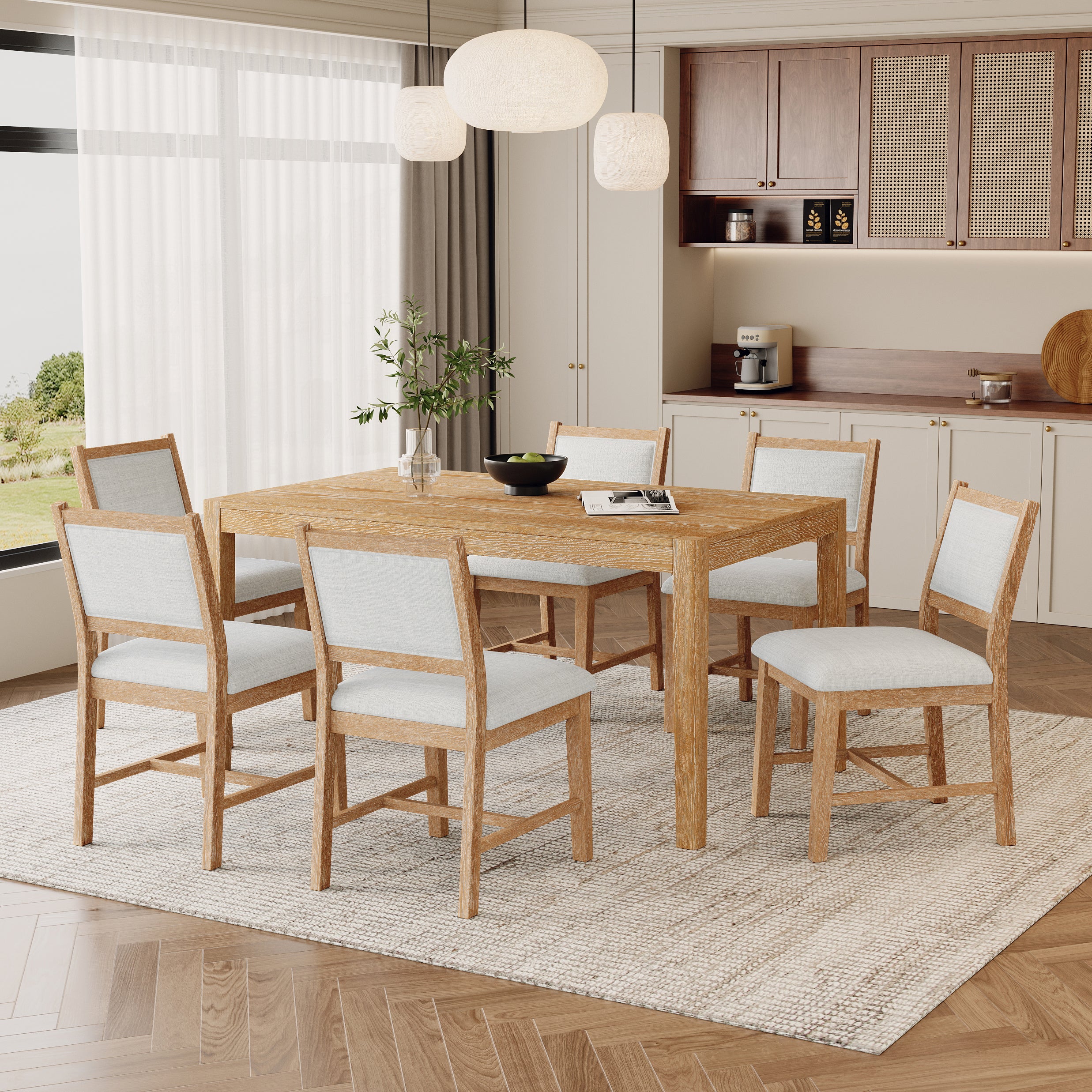 TREXM 7-Piece Retro Rectangular Wood Dining Table Set for 6 - Natural Oak Veneer & MDF with Upholstered Foam Chairs - Spacious Kitchen & Dining Room Furniture - Durable Solid Wood Legs