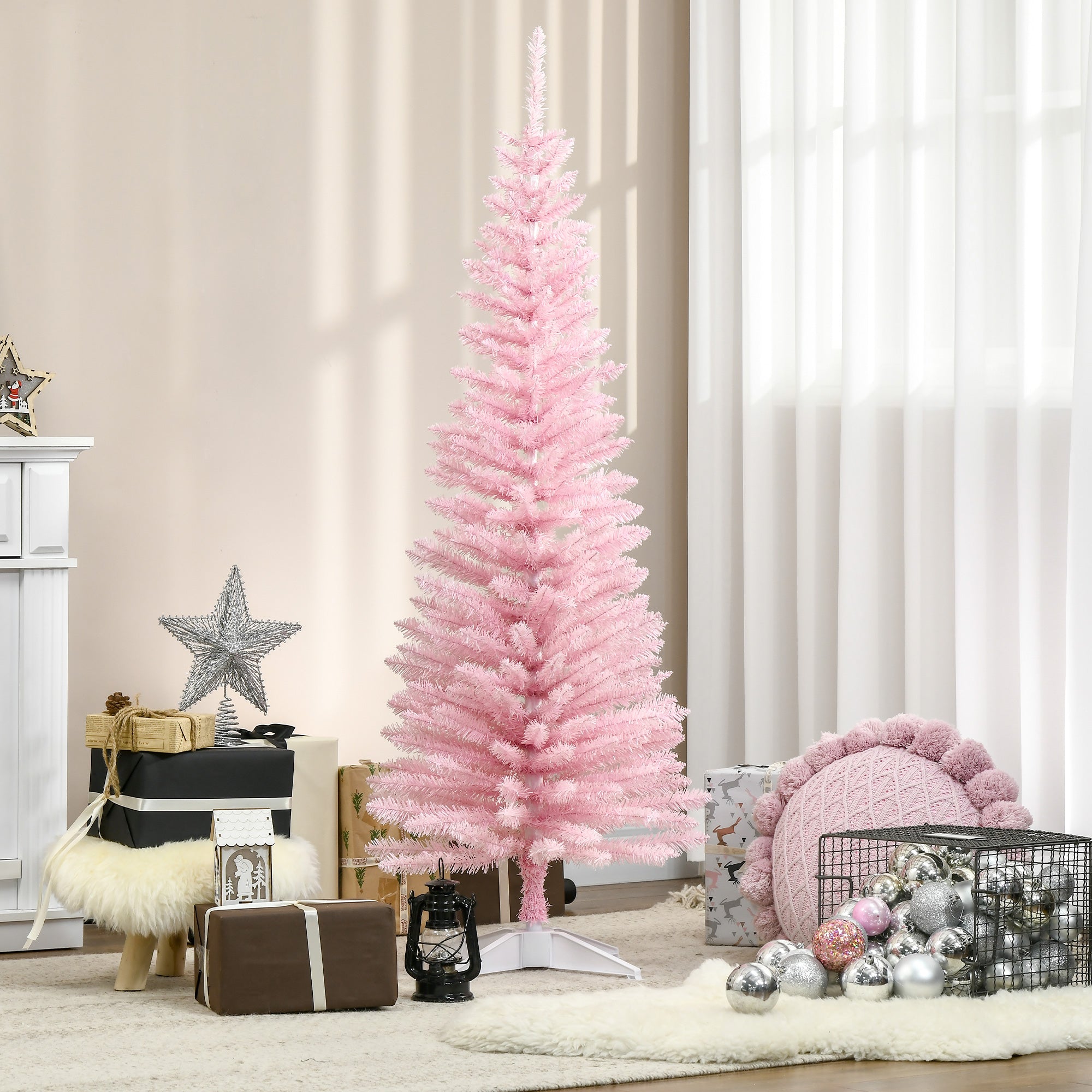 HOMCOM 5ft Pink Artificial Pencil Christmas Tree: Slim Xmas Tree, 294 Realistic Branch Tips, Flame-Retardant Plastic Stand for Indoor Home Decor, Easy Assembly &amp; Storage