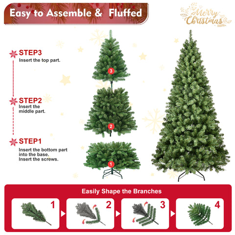 9ft Pre-Lit Green PVC Christmas Tree with 650 UL Warm White Lights, 1930 Full Tips, Auto-Unfold Memory Wire, Easy Assembly, Stable Metal Stand for Festive Holiday Home Decor
