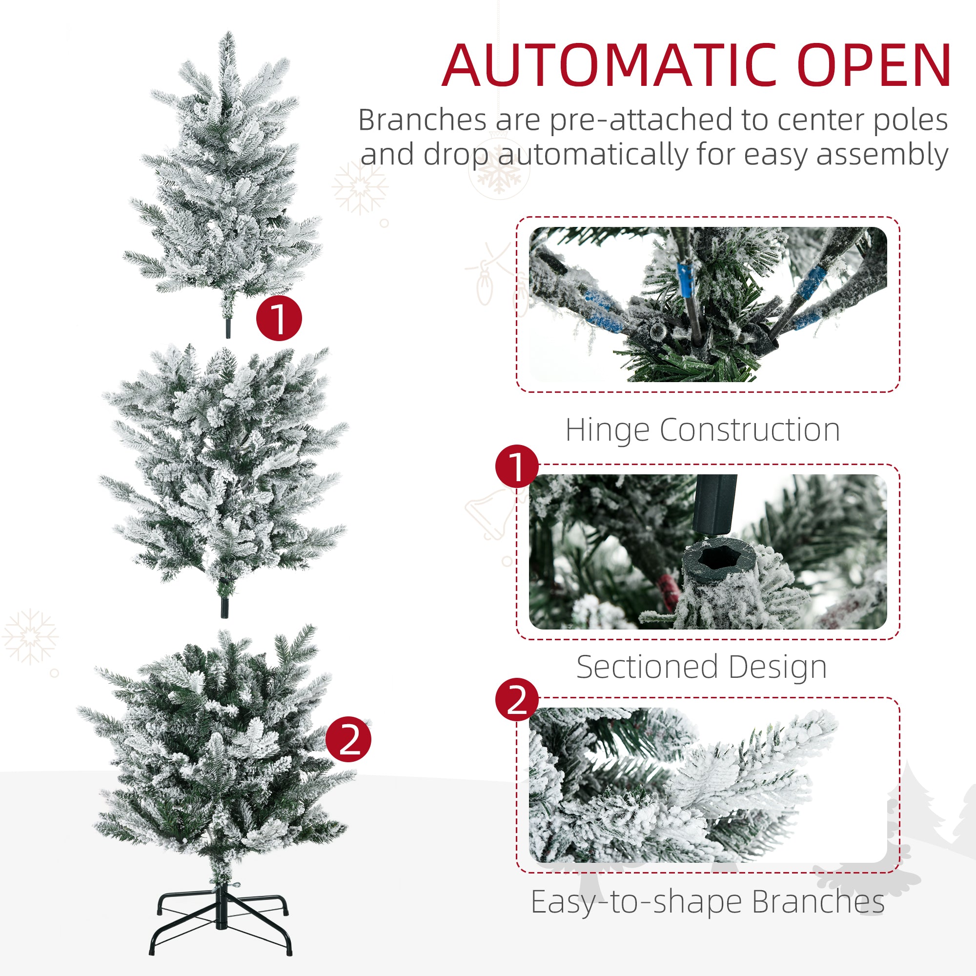 HOMCOM 6ft Green Flocked Artificial Christmas Tree | Auto-Open Snow Branches, Realistic Pencil Shape, Flame Retardant Plastic & Steel Base | Indoor Holiday Decor