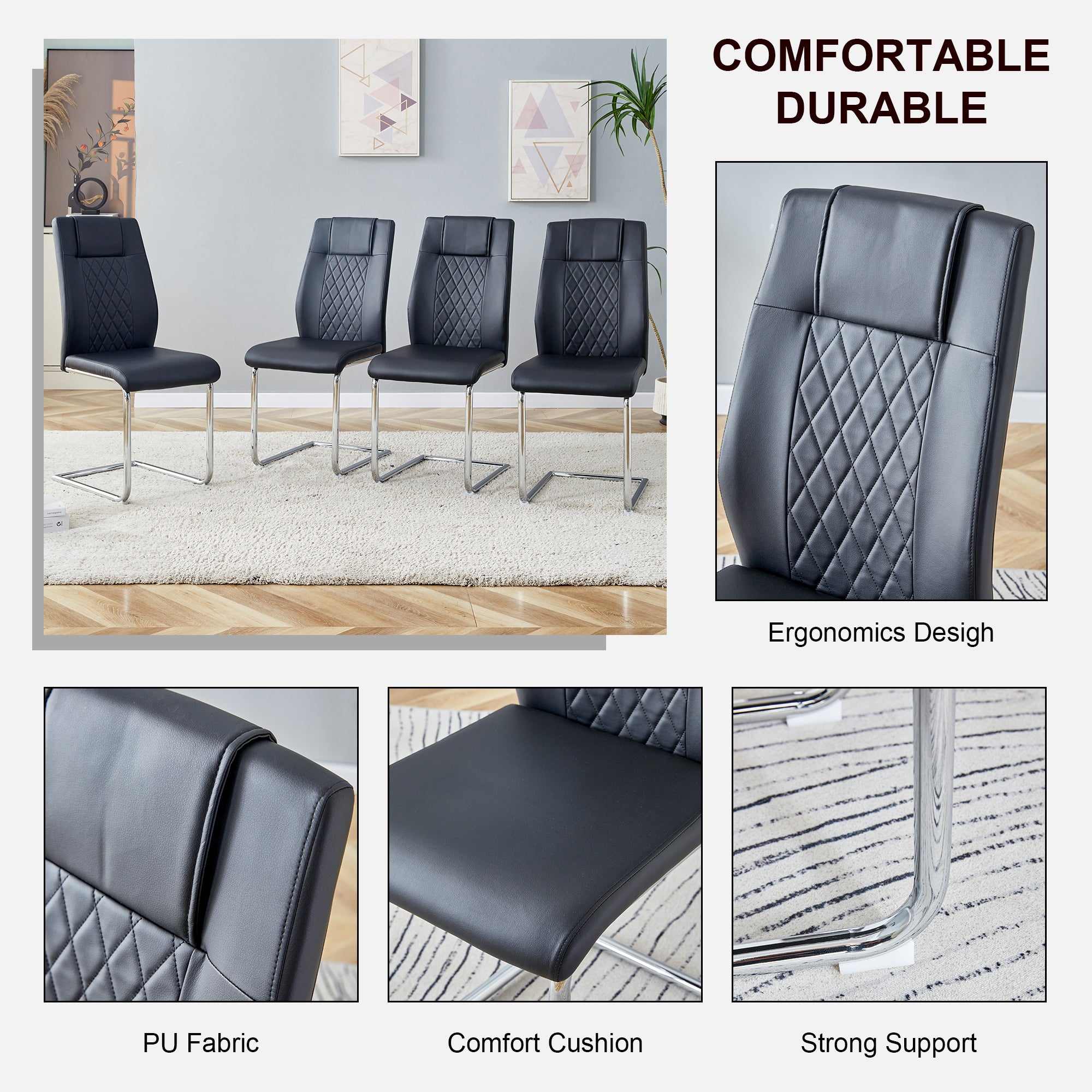 Modern Minimalist Dining Table & Chair Set | Imitation Marble Glass Top | Stainless Steel Legs | Comfortable PU Seats | Ideal for Dining Room, Kitchen, Parties | Easy Assembly | Silver | DT-69