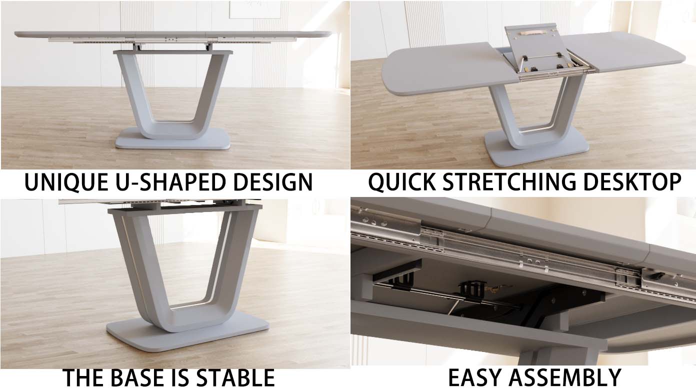 Expandable 62.99"-78.74" Dining Table Set for 2-8, Gray MDF &amp; PU Fabric, 6 Padded Chairs with U-Legs for Kitchen, Dining Room, Living Room, Modern Farmhouse Style