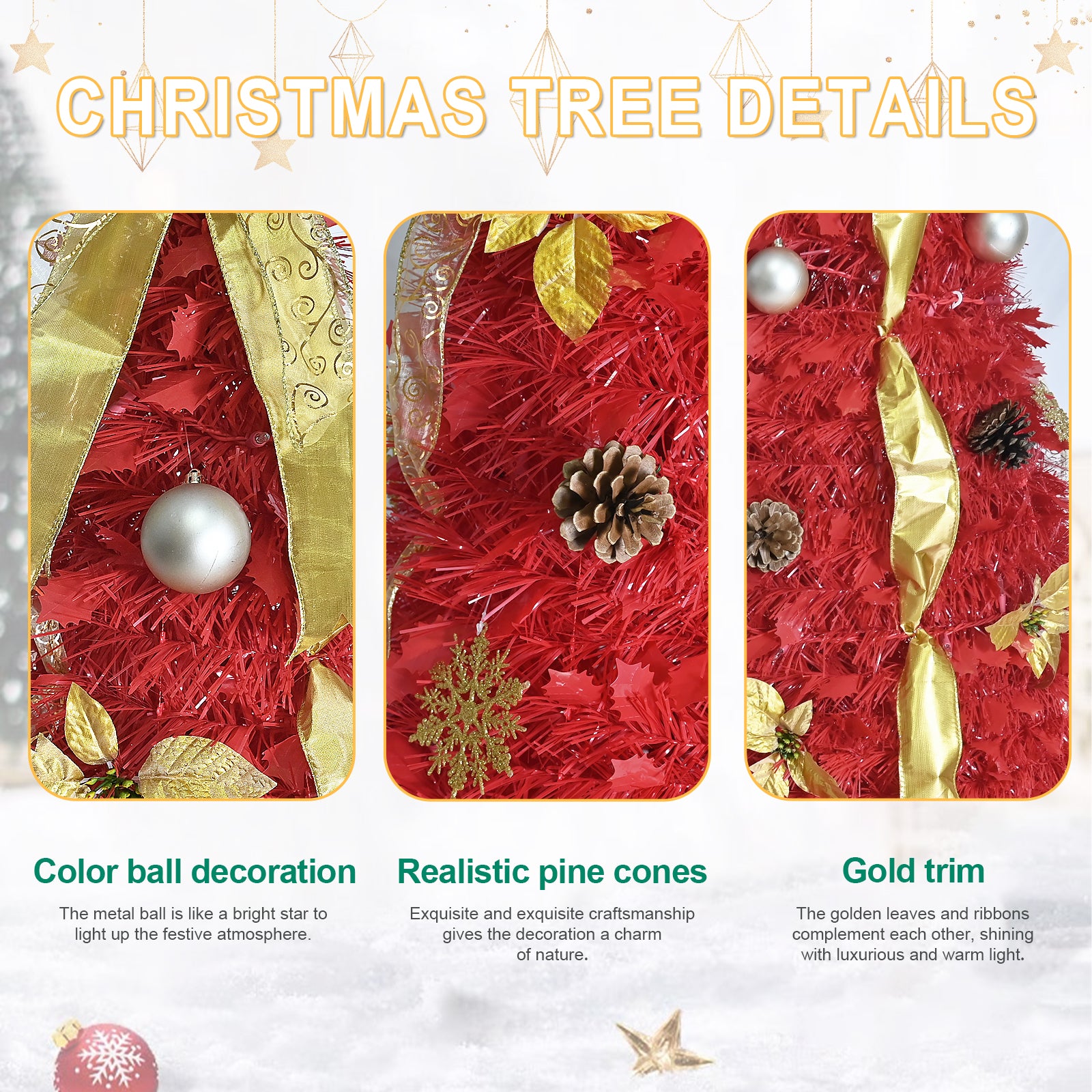 6FT Red Pop-Up Christmas Tree: Fully Decorated with 150 Warm White LEDs, Ornaments, Ribbons, Bow, Flowers, Snowflakes, Pine Cones &amp; Balls – Easy Assembly, Space-Saving Holiday Decor for Home &amp; Office