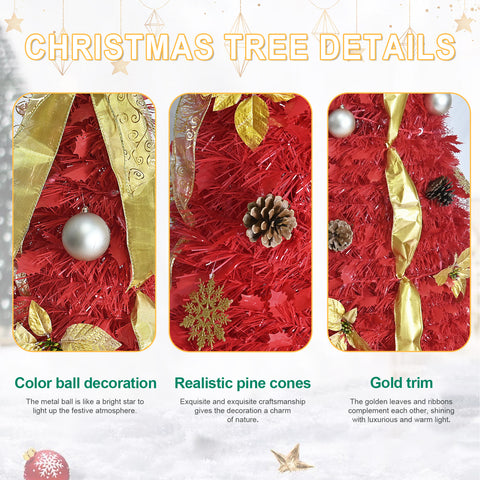 6FT Red Pop-Up Christmas Tree: Fully Decorated with 150 Warm White LEDs, Ornaments, Ribbons, Bow, Flowers, Snowflakes, Pine Cones &amp; Balls – Easy Assembly, Space-Saving Holiday Decor for Home &amp; Office