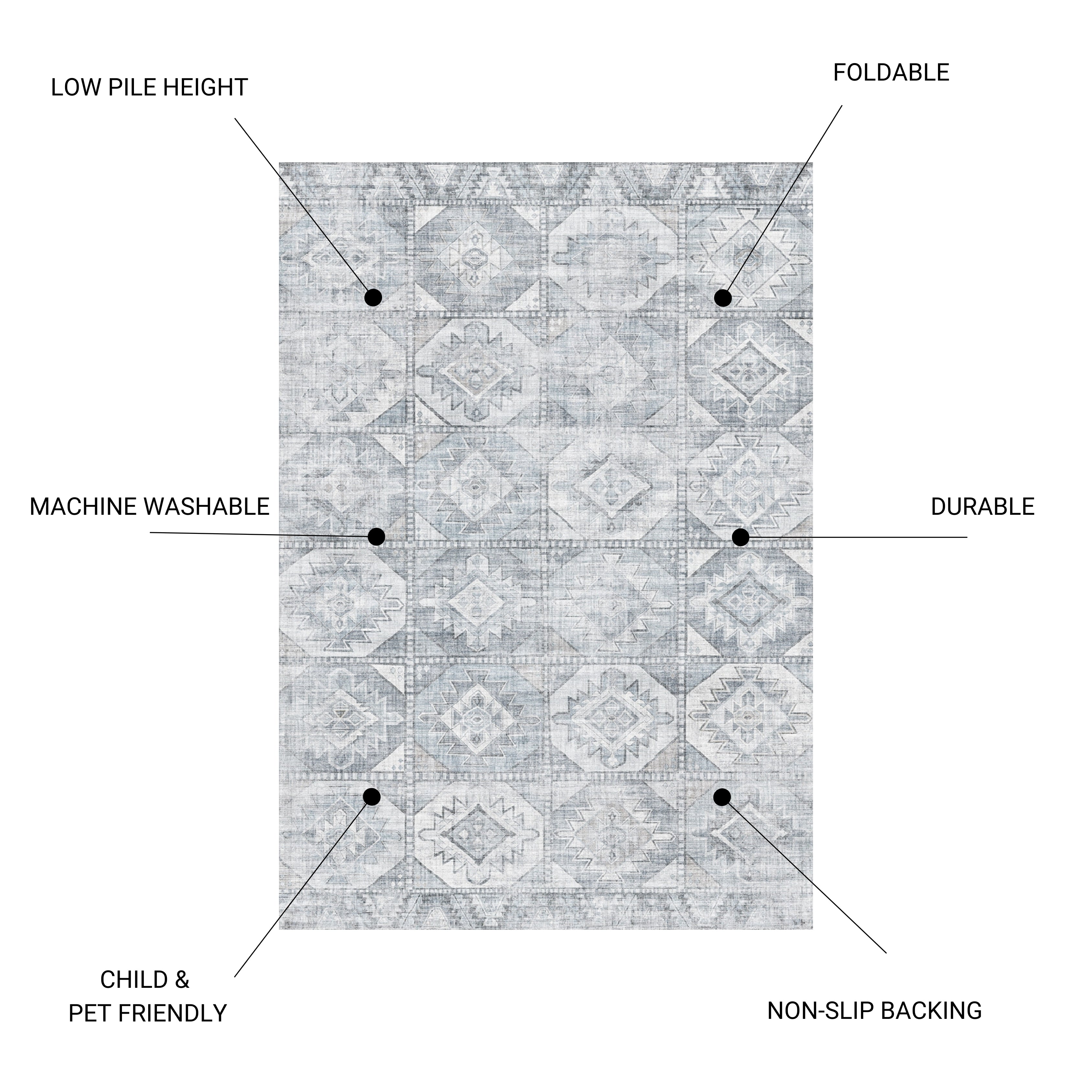 Toucan K5644-4 Silver 5'x7' Washable Non-Slip Area Rug - Durable Polyester Pile, Low Pile, Felt & TPR Rubber Backing - Ideal for Living Room, Hallway, Entryway, High-Traffic Areas