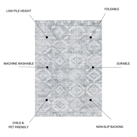 Toucan K5644-4 Silver 5'x7' Washable Non-Slip Area Rug - Durable Polyester Pile, Low Pile, Felt & TPR Rubber Backing - Ideal for Living Room, Hallway, Entryway, High-Traffic Areas