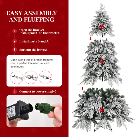 8ft Slim Flocked Noble Christmas Tree - Pre-lit Warm White LED, 950 PE/PVC Tips, Realistic Snow Design, Easy Assembly for Home Corners & Narrow Spaces