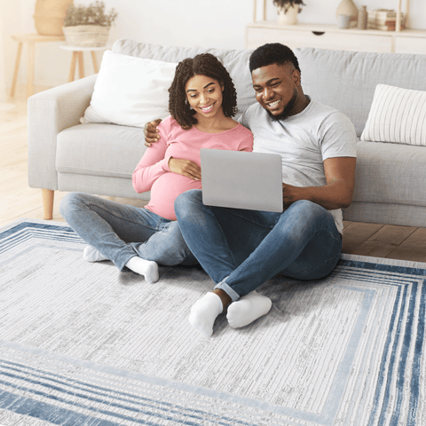 MARFI Collection 5x7 Blue/Ivory Bordered Area Rug: Stain-Resistant, Kid & Pet-Friendly Polyester for Living Room, Bedroom, Office. Medium Pile, Latex-Free Cotton Backing.