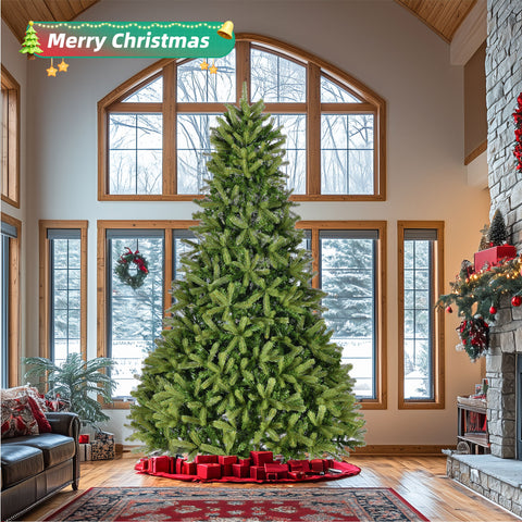 9Ft Premium Green Spruce Artificial Christmas Tree: 2576 PE/PVC Mixed Tips, Unlit Hinged Holiday Decor with Foldable Metal Stand for Easy Assembly &amp; Indoor/Outdoor Use