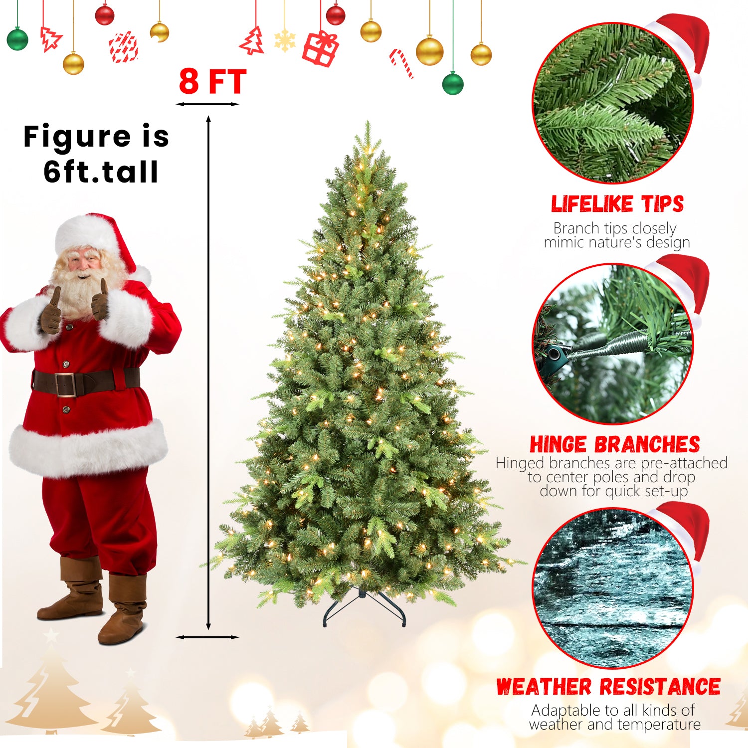9FT Pre-Lit Christmas Tree: 800 Warm White UL Lights, 3410 PE+PVC Tips, Hinged Branches, Metal Stand. Realistic Full Green Tree for Festive Home Decor. Easy Setup Holiday Essential.