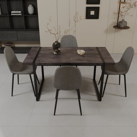 59" Black MDF Dining Table Set for 4 - Modern Industrial Suede Chairs with Metal Base, Ergonomic Comfort, Farmhouse Kitchen & Dining Room Furniture, Easy Assembly