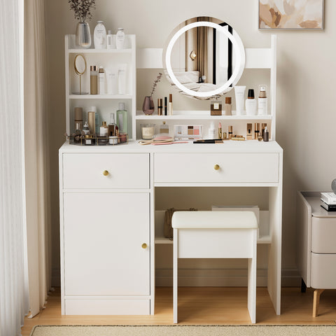 Fashion White Vanity Desk with Mirror & Lights, 3 Color Lighting, Adjustable Brightness, 2 Drawers, Storage Shelves, Cushioned Chair Included, MDF, 35.4" W, Bedroom & Makeup Use