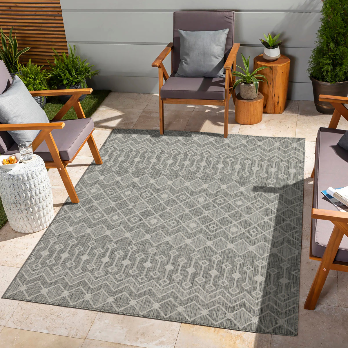 Sunshine GC_HAR2021 Silver 5'3" x 7'3" Indoor/Outdoor Area Rug - Durable Polypropylene, Stain-Resistant, Easy Clean, Flatweave for Patio, Deck, Living Room, Entryways, Made in Turkey