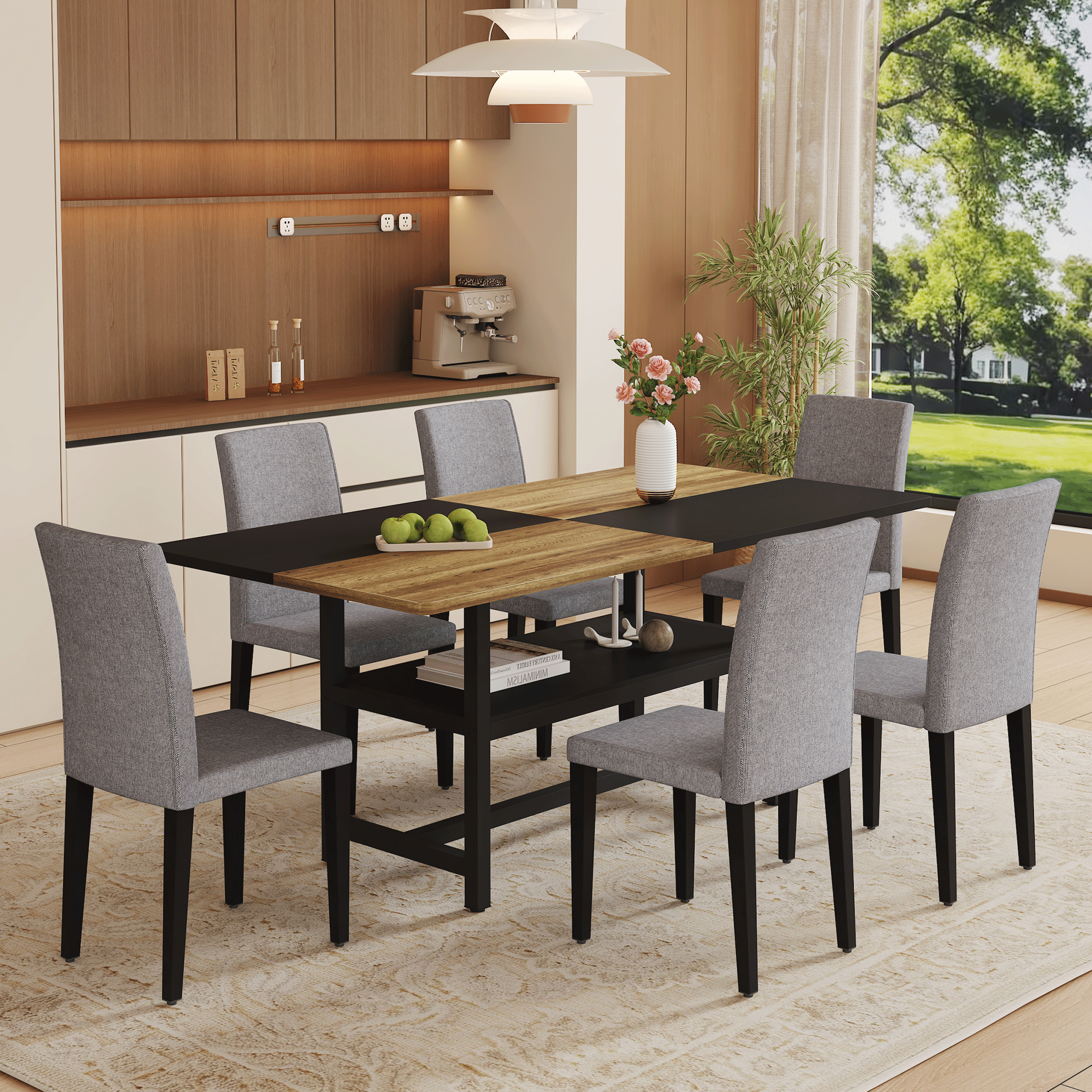 71" Wooden & Black Spliced Dining Table Set with Storage, Seats 6, Paired with Light Gray Linen-Cotton Chairs - Perfect for Kitchen, Dining Room, Home Gatherings