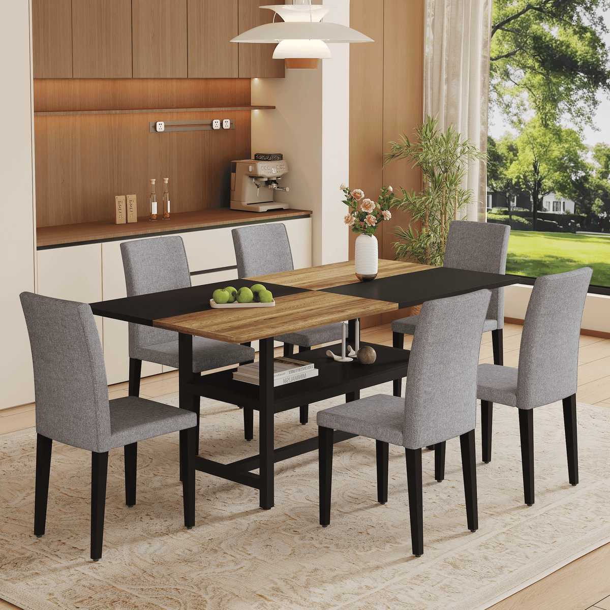 71" Wooden & Black Spliced Dining Table Set with Storage, Seats 6, Paired with Light Gray Linen-Cotton Chairs - Perfect for Kitchen, Dining Room, Home Gatherings