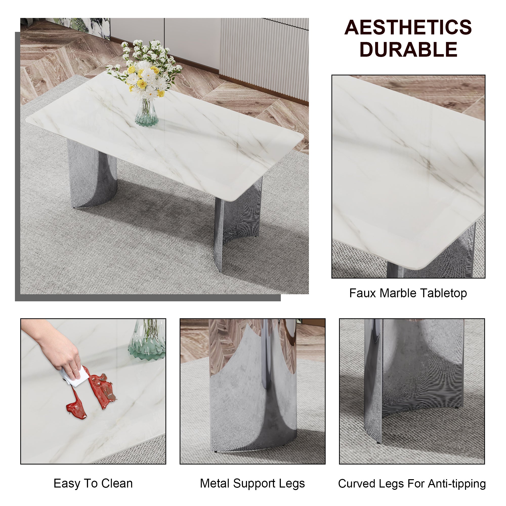 Modern Minimalist Dining Table & Chair Set | Imitation Marble Glass Top | Stainless Steel Legs | Comfortable PU Seats | Ideal for Dining Room, Kitchen, Parties | Easy Assembly | Silver | DT-69