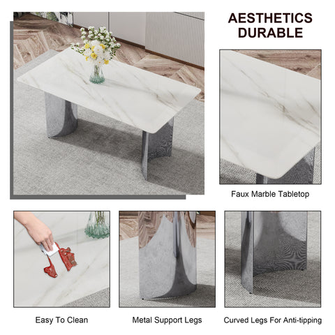 Modern Minimalist Dining Table & Chair Set | Imitation Marble Glass Top | Stainless Steel Legs | Comfortable PU Seats | Ideal for Dining Room, Kitchen, Parties | Easy Assembly | Silver | DT-69