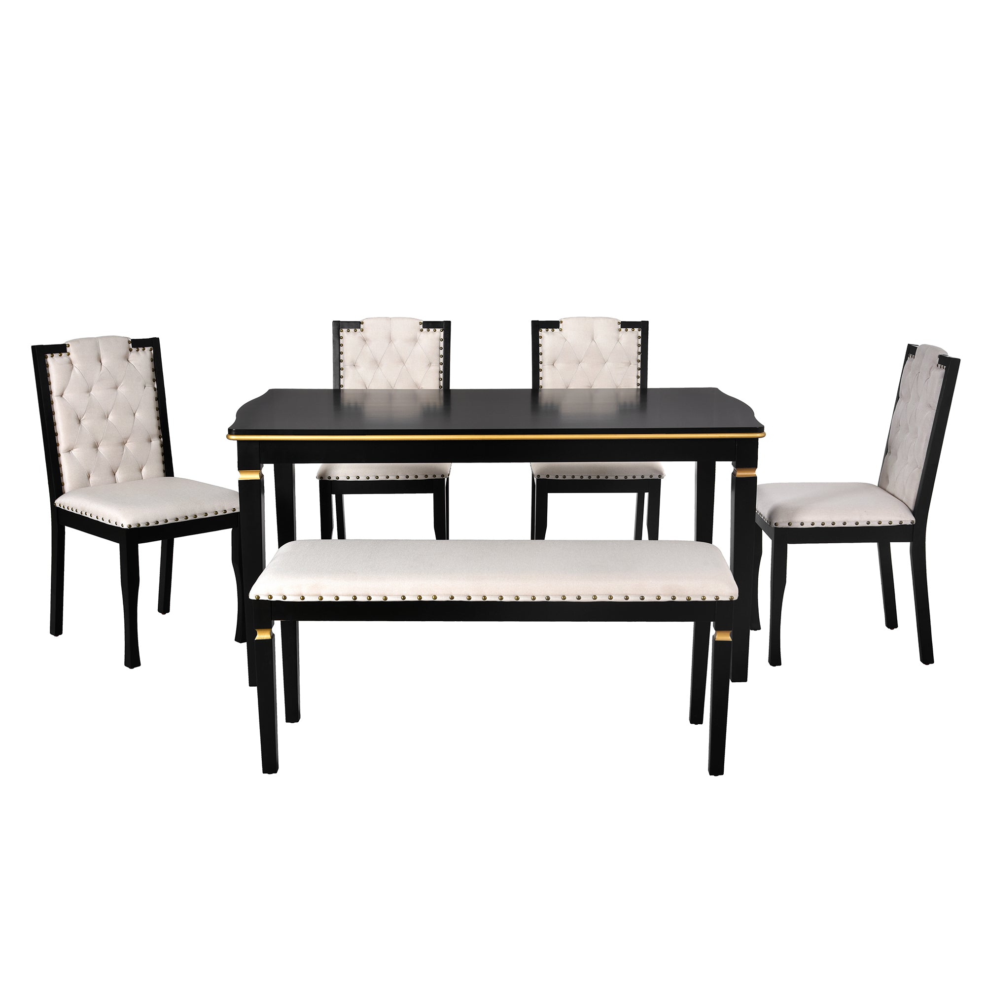 6-Piece Black Rectangular Dining Table Set for 6: 60" Solid Wood Table, 4 High-Back Tufted Upholstered Chairs &amp; Bench - Ideal for Dining Room &amp; Kitchen Gatherings