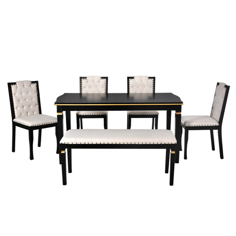 6-Piece Black Rectangular Dining Table Set for 6: 60" Solid Wood Table, 4 High-Back Tufted Upholstered Chairs &amp; Bench - Ideal for Dining Room &amp; Kitchen Gatherings