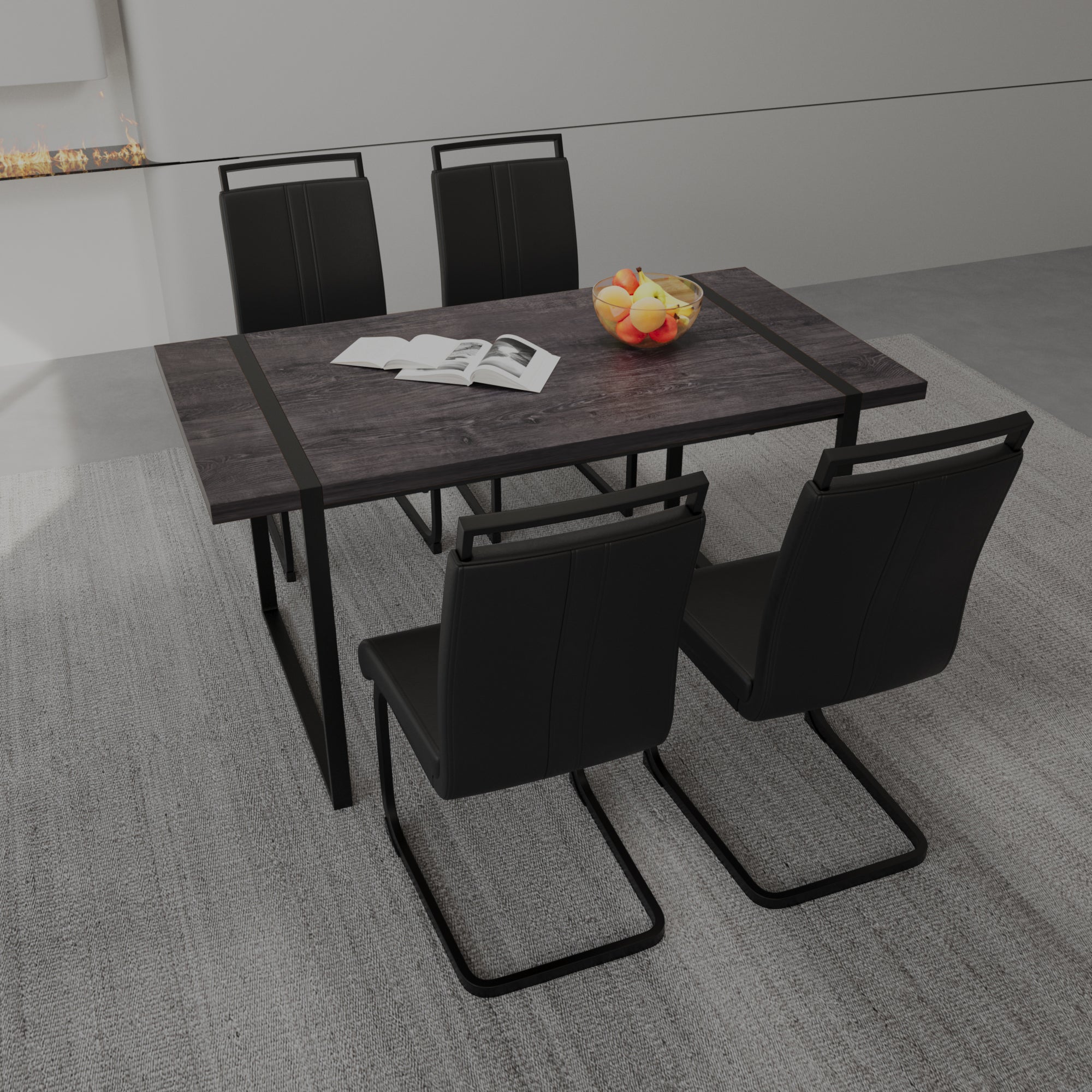 59" Black Rectangular MDF Dining Table Set with 4 PU Armless Chairs - Modern Industrial Farmhouse Style for Kitchen, Dining Room, Office - Comfortable Cushioned Backrests, Sturdy Metal Legs, Easy Assembly