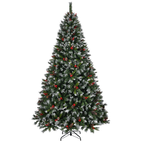 9ft Pre-Lit Pre-Decorated Pine Christmas Tree: 1740 Flocked Frosted Tips, 103 Pine Cones, 309 Red Berries, 600 Lights, Metal Base. Lush Green PVC for Home, Office Holiday Parties. Easy Setup.