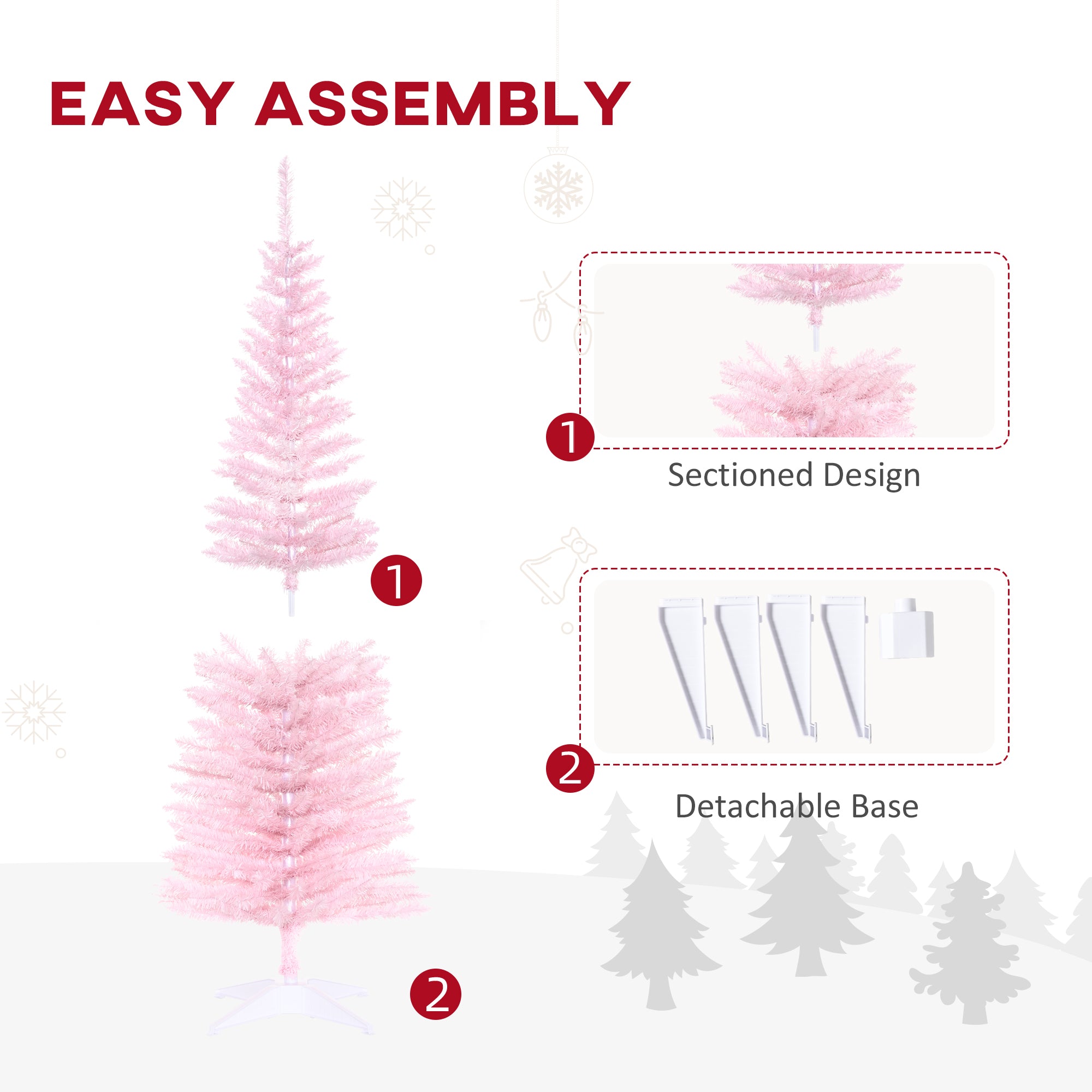 HOMCOM 5ft Pink Artificial Pencil Christmas Tree: Slim Xmas Tree, 294 Realistic Branch Tips, Flame-Retardant Plastic Stand for Indoor Home Decor, Easy Assembly &amp; Storage