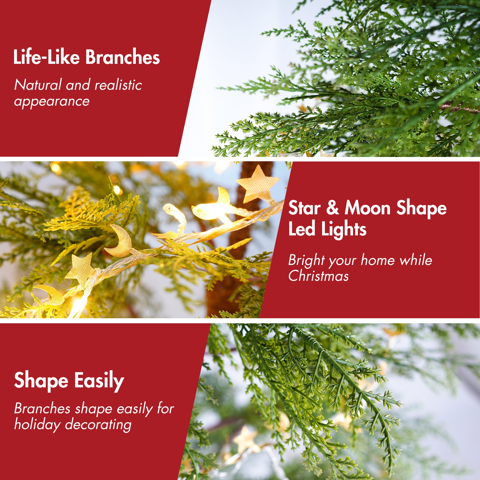 6 Ft Artificial Christmas Tree with LED Star & Moon Lights, 612 Realistic PE Tips, Hinged Green Pine, Sturdy Metal Stand for Indoor Holiday Decor