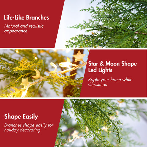 6 Ft Artificial Christmas Tree with LED Star & Moon Lights, 612 Realistic PE Tips, Hinged Green Pine, Sturdy Metal Stand for Indoor Holiday Decor