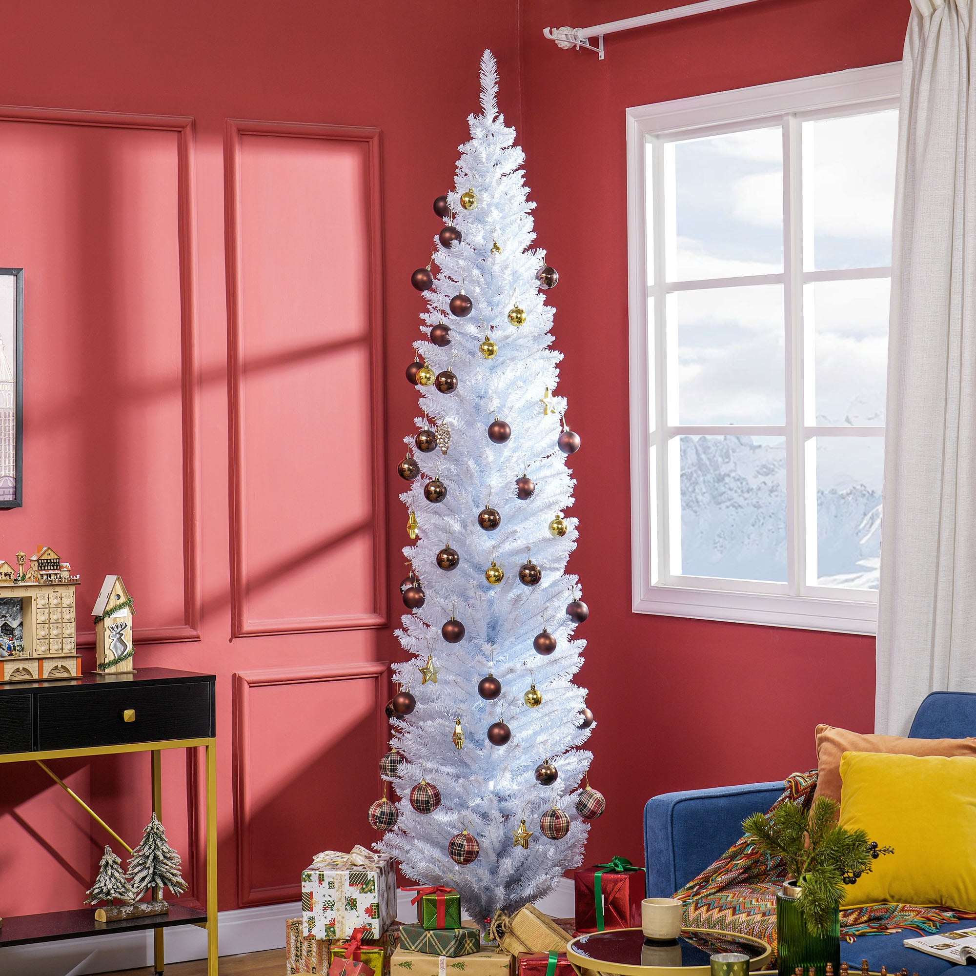 HOMCOM 8ft White Slim Pencil Christmas Tree - Unlit Artificial Xmas Tree with 618 Realistic Branch Tips &amp; Sturdy Plastic Stand for Cozy Home &amp; Holiday Decor