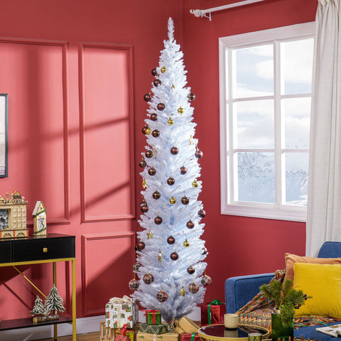 HOMCOM 8ft White Slim Pencil Christmas Tree - Unlit Artificial Xmas Tree with 618 Realistic Branch Tips &amp; Sturdy Plastic Stand for Cozy Home &amp; Holiday Decor