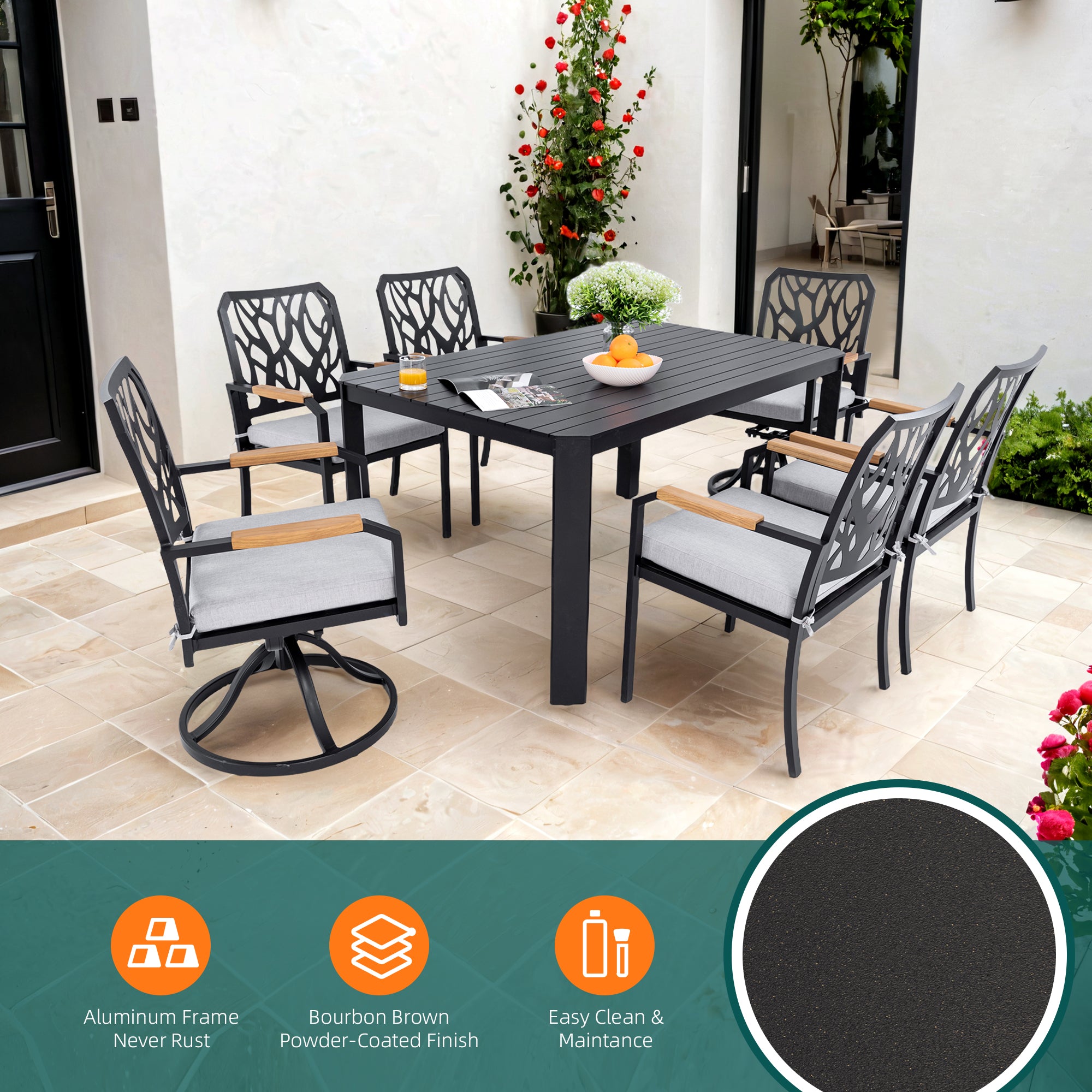 7-PC Bourbon Brown Aluminum Patio Dining Set: 6-Seater Outdoor Furniture with 4 Chairs, 2 Swivel Rockers, Sunbrella Cushions, Branch Backrest, Rectangular Table w/ Umbrella Hole for Garden & Patio Relaxation